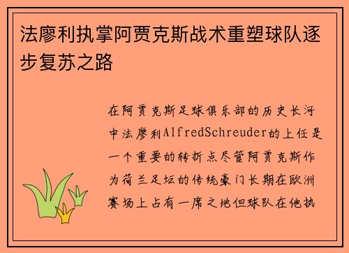 法廖利执掌阿贾克斯战术重塑球队逐步复苏之路 法廖利执掌阿贾克斯战术重塑球队逐步复苏之路